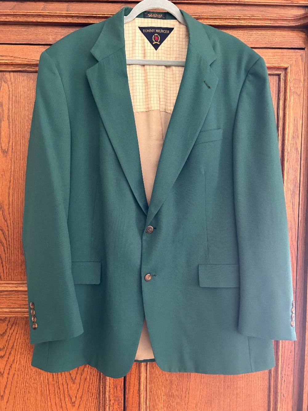 Vintage Tommy Hilfiger Blazer, Pure New Wool, Dark Green, Size 46L Made in USA
